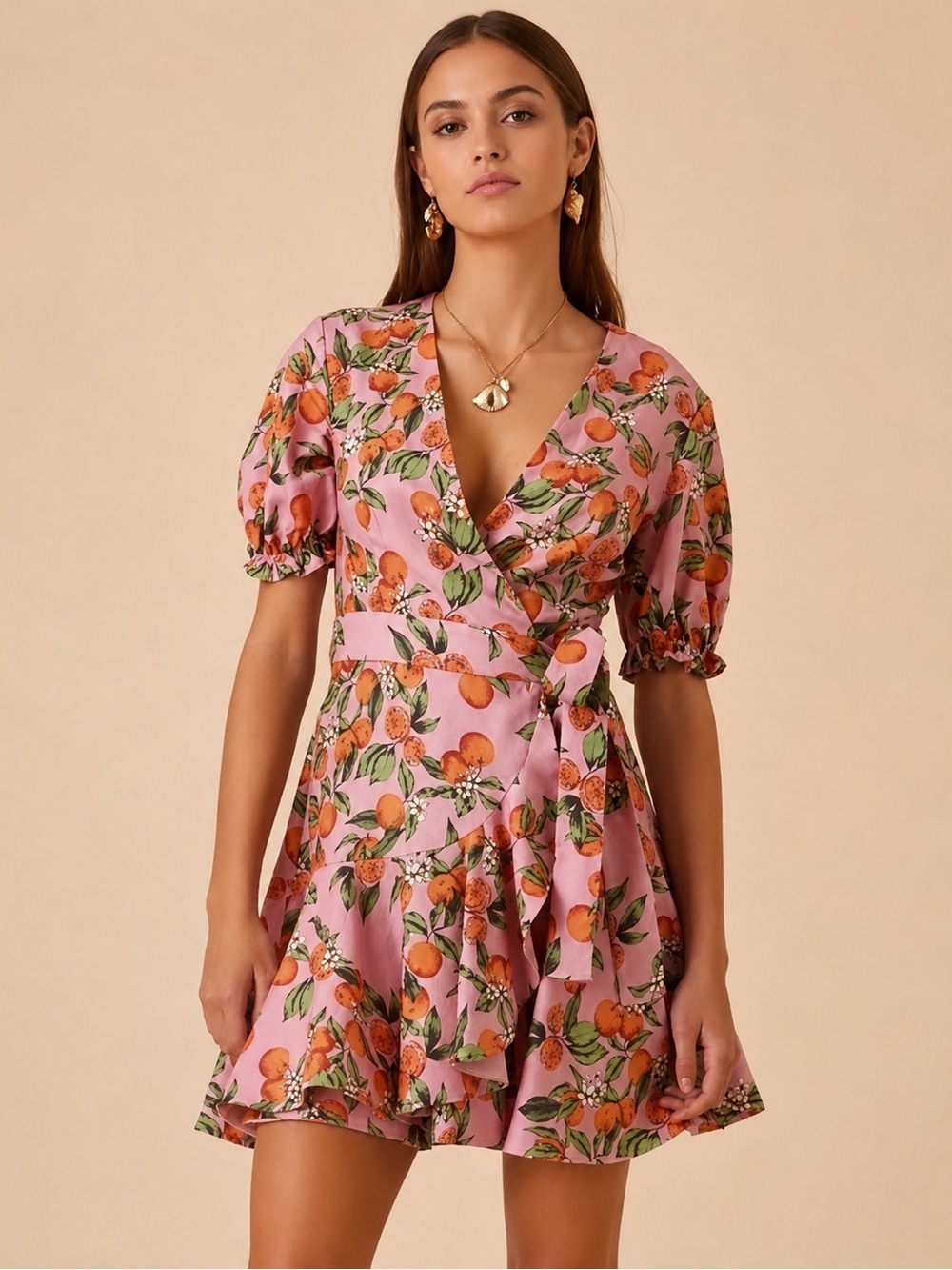 Anthropologie Finders Keepers Aranciata Citrus Print Wrap Mini Dress Small Pink